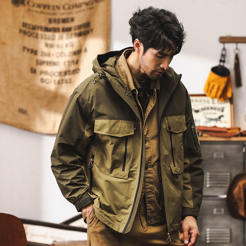 美式復古衝鋒衣外套男秋季寬鬆潮牌戶外獵裝戰術機能連帽工裝夾克