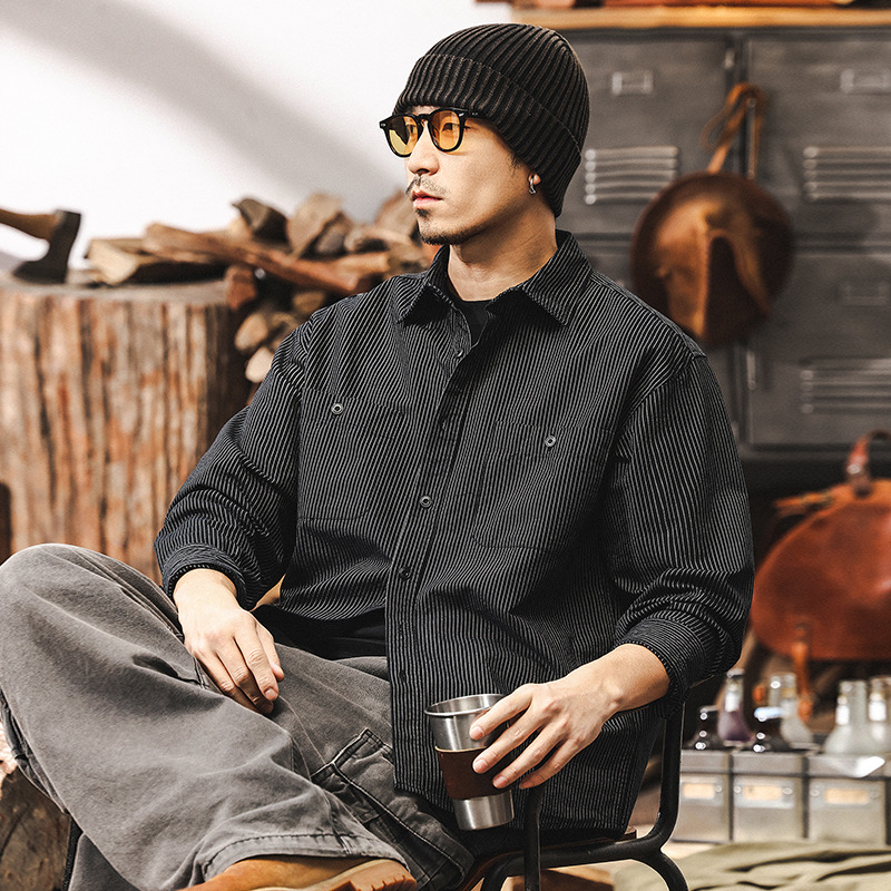 40支牛津紡條紋襯衫男美式復古2025新款潮牌休閒春季長袖上衣襯衣