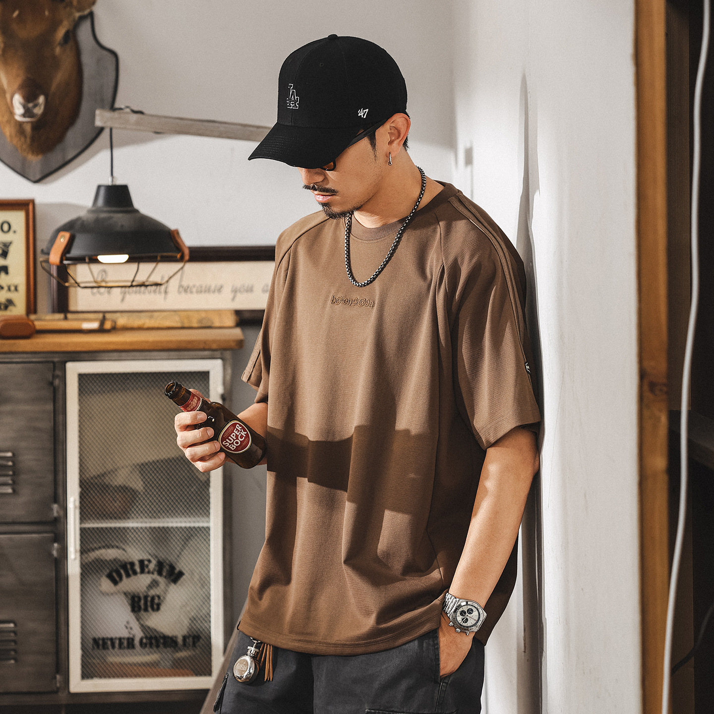 美式復古薄款T恤男士短袖夏季新款潮牌男裝寬鬆休閒半袖刺繡上衣T