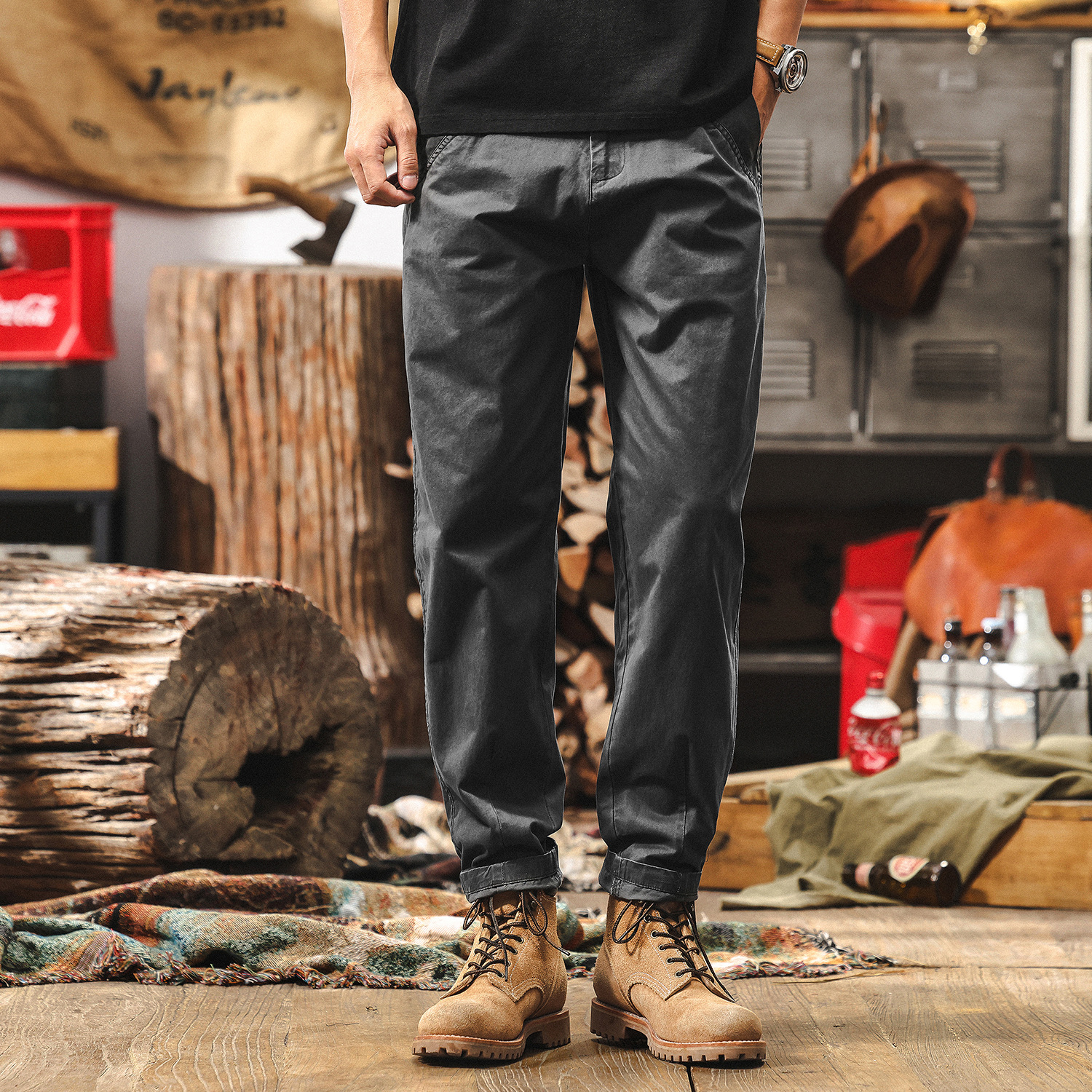 美式復古做舊洗褪工裝褲子男夏季寬鬆直筒長褲潮牌通勤百搭休閒褲