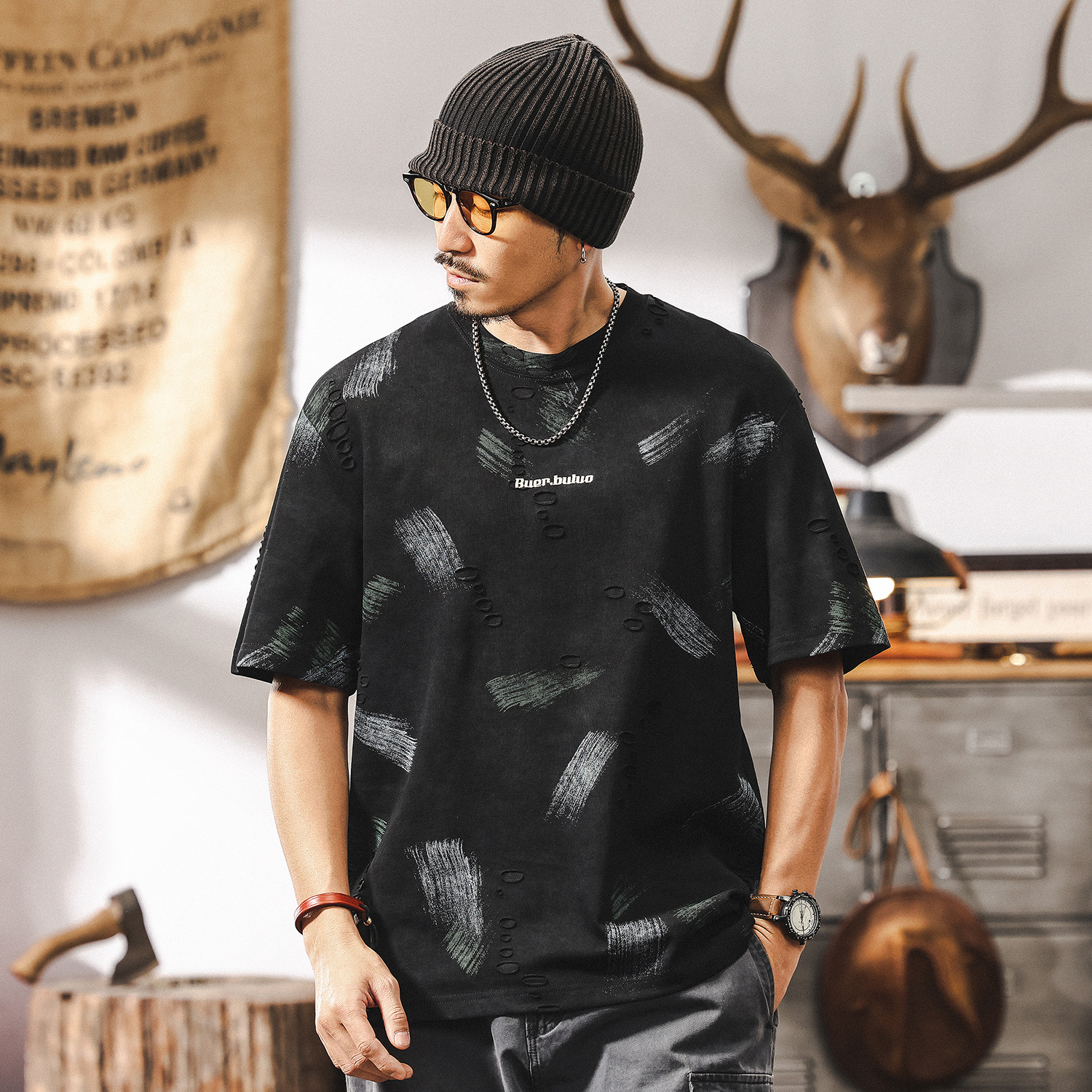 美式重磅復古夏季T恤男士短袖潮流破洞雲染高級感半截袖男裝體恤