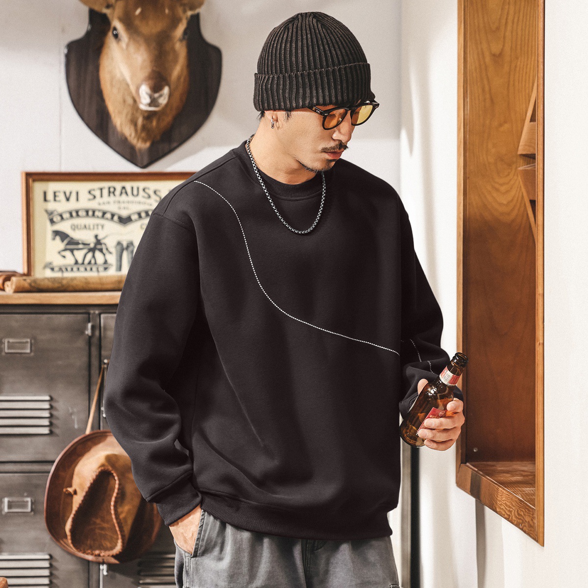 美式復古圓領套頭衛衣男款重磅春秋新款明線設計寬鬆男士秋季上衣