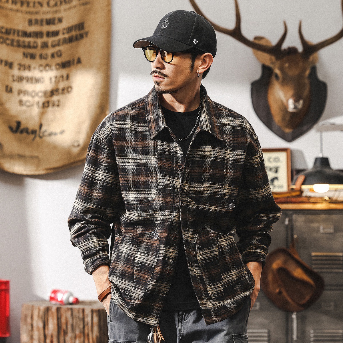 美式復古格子襯衫男秋季2025新款日系潮牌長袖襯衣寬鬆休閒外套男