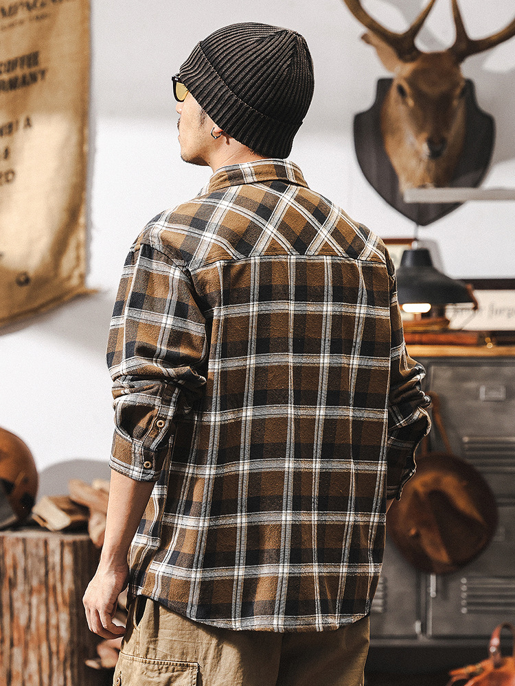美式復古磨毛格子襯衫男長袖春秋季2025新款潮牌寬鬆休閒襯衣外套