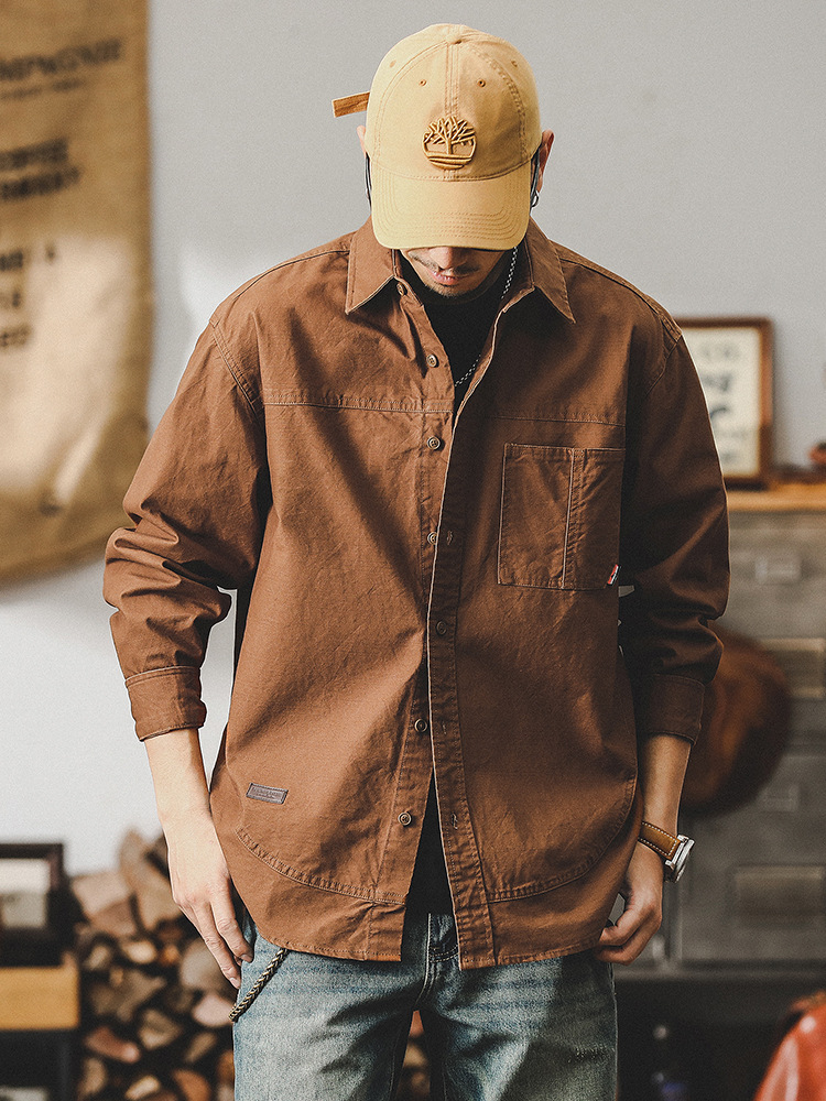 美式復古工裝長袖襯衫男寬鬆潮牌2024新款男士上衣春季襯衣外套男