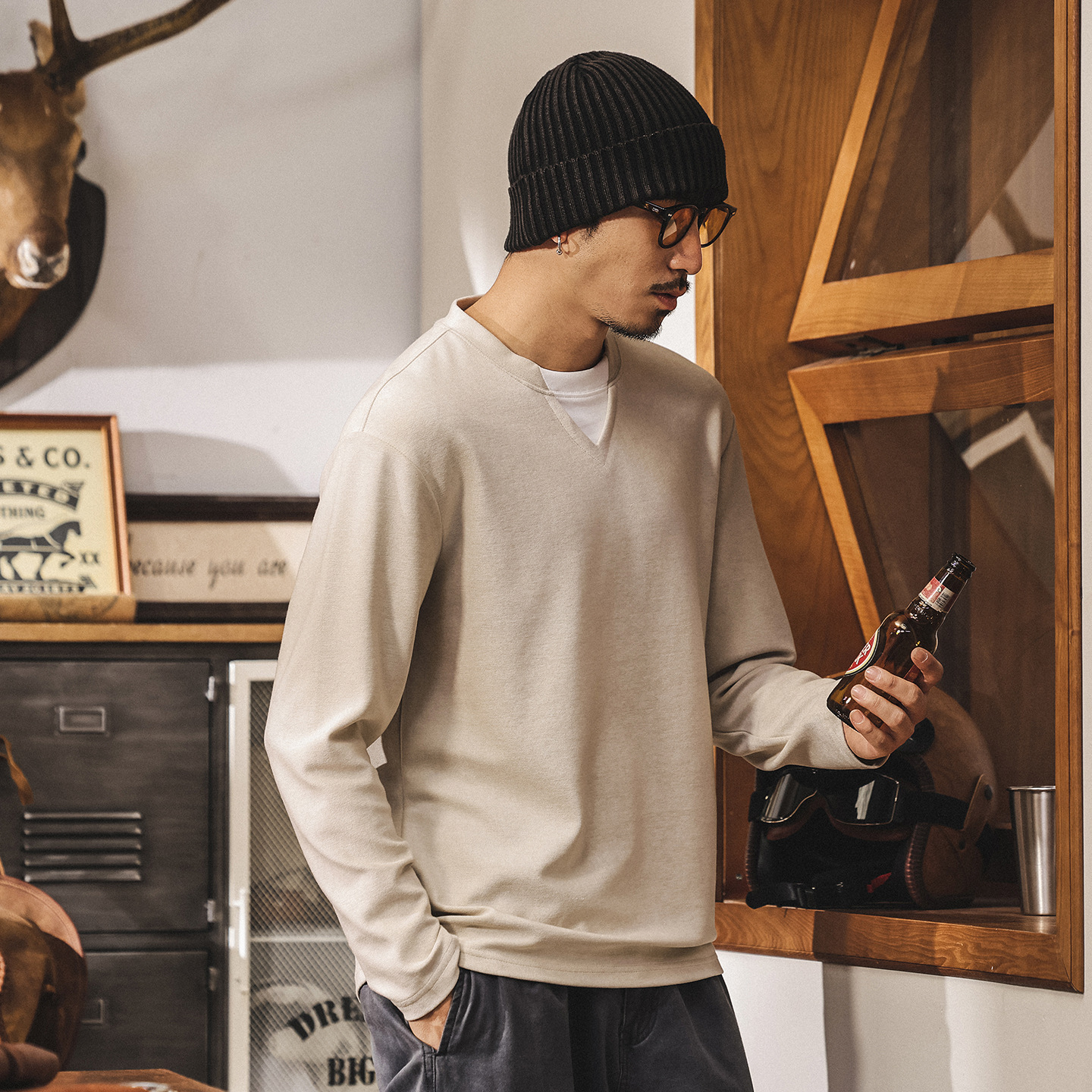 萊賽爾軟糯親膚長袖T恤男秋季新款美式復古潮牌寬鬆假兩件上衣男