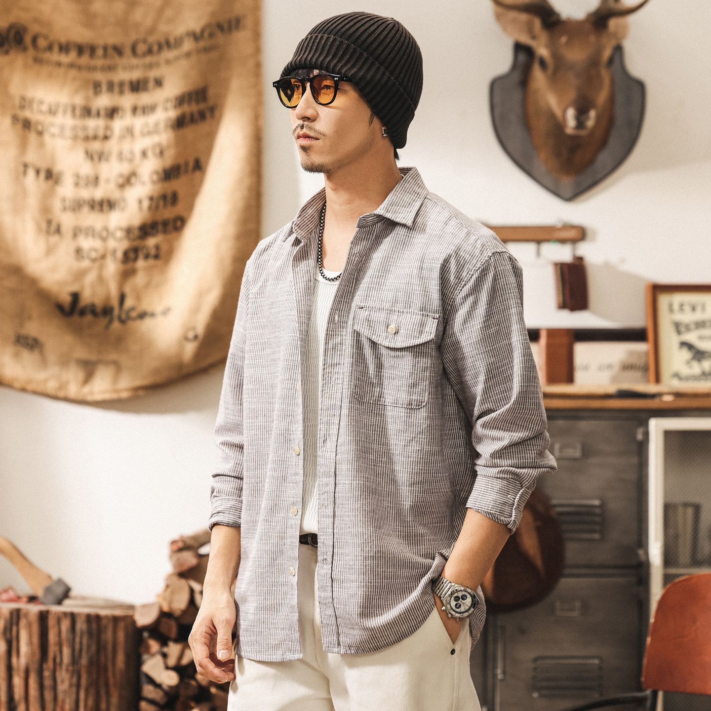 美式復古亞麻條紋長袖襯衫男春季2026新款通勤竹節紋休閒襯衣外套