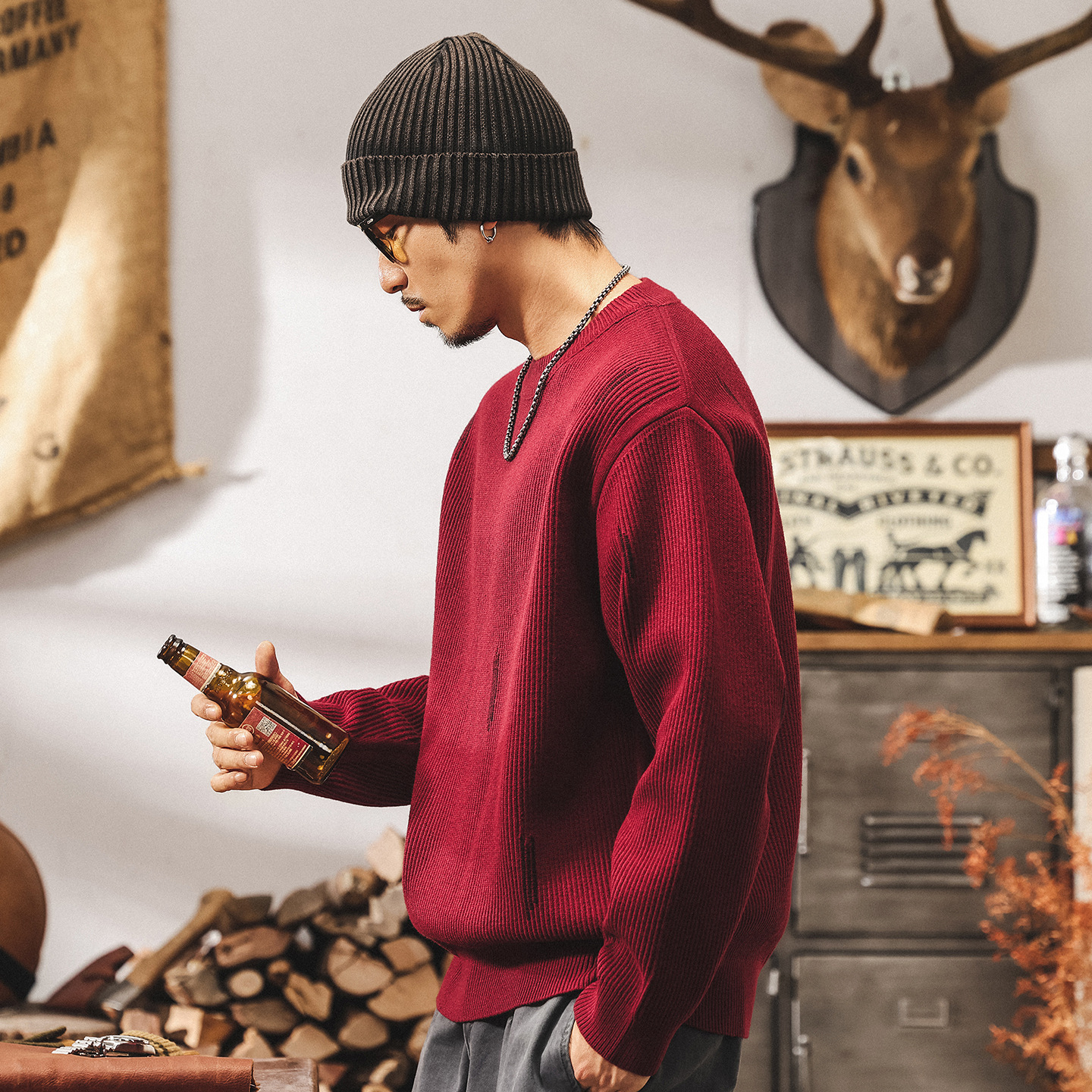 美式重磅復古波爾多紅色毛衣男秋季2025新款男士針織衫秋冬外套男