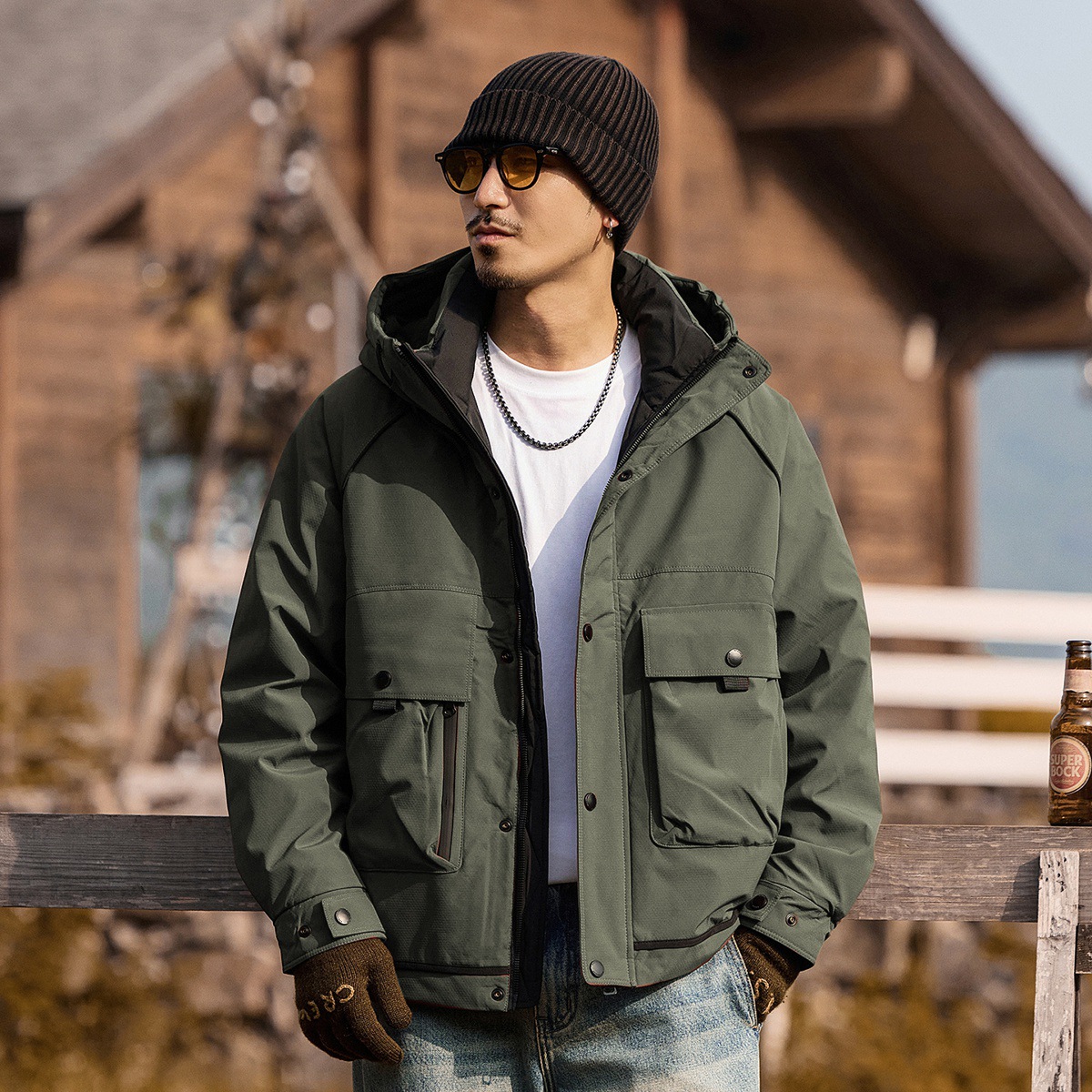 美式復古高蓬鬆工裝羽絨服男冬季連帽戶外防風多口袋機能風外套男