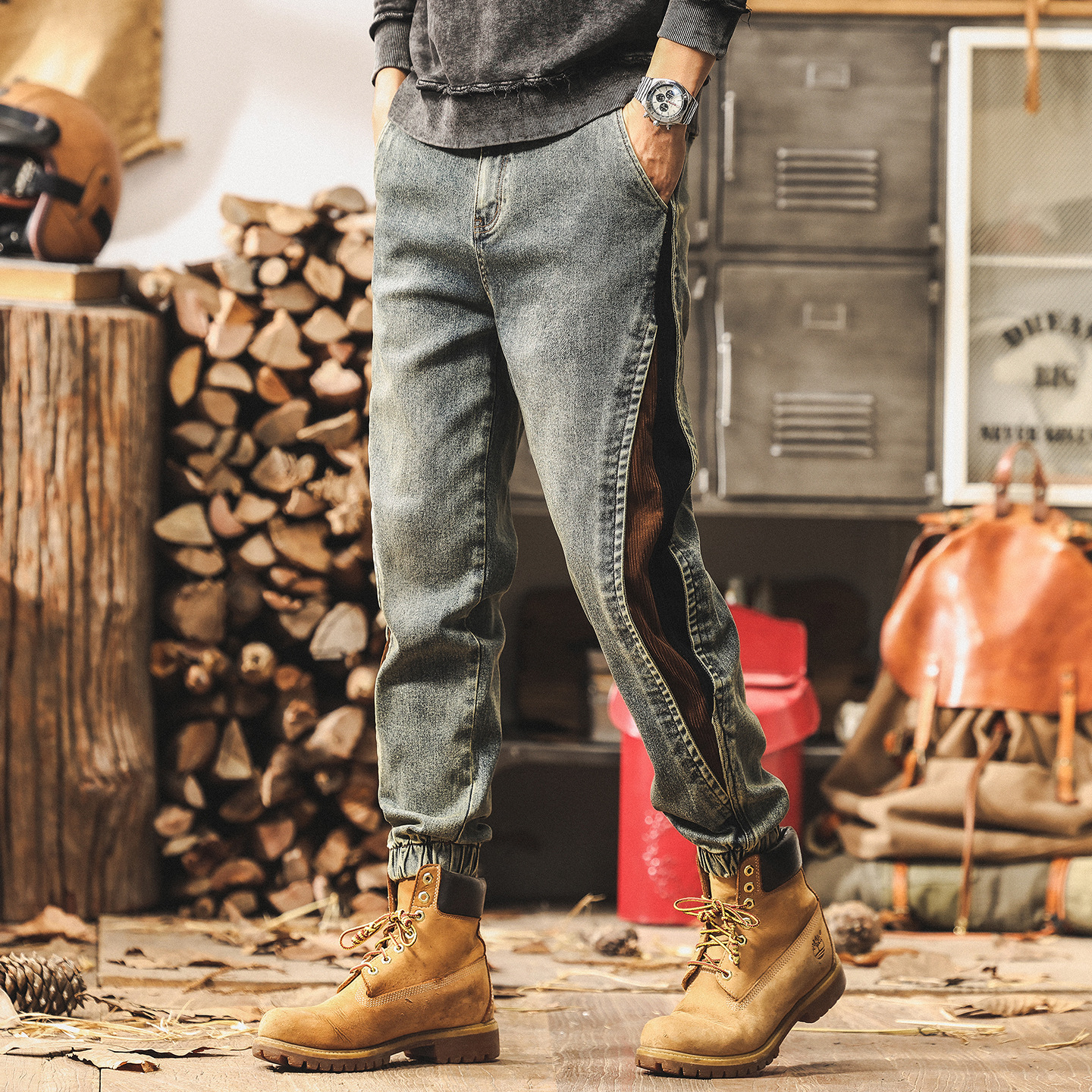 美式復古懷舊拼接撞色牛仔褲男秋季新款潮牌工裝褲子男寬鬆休閒褲