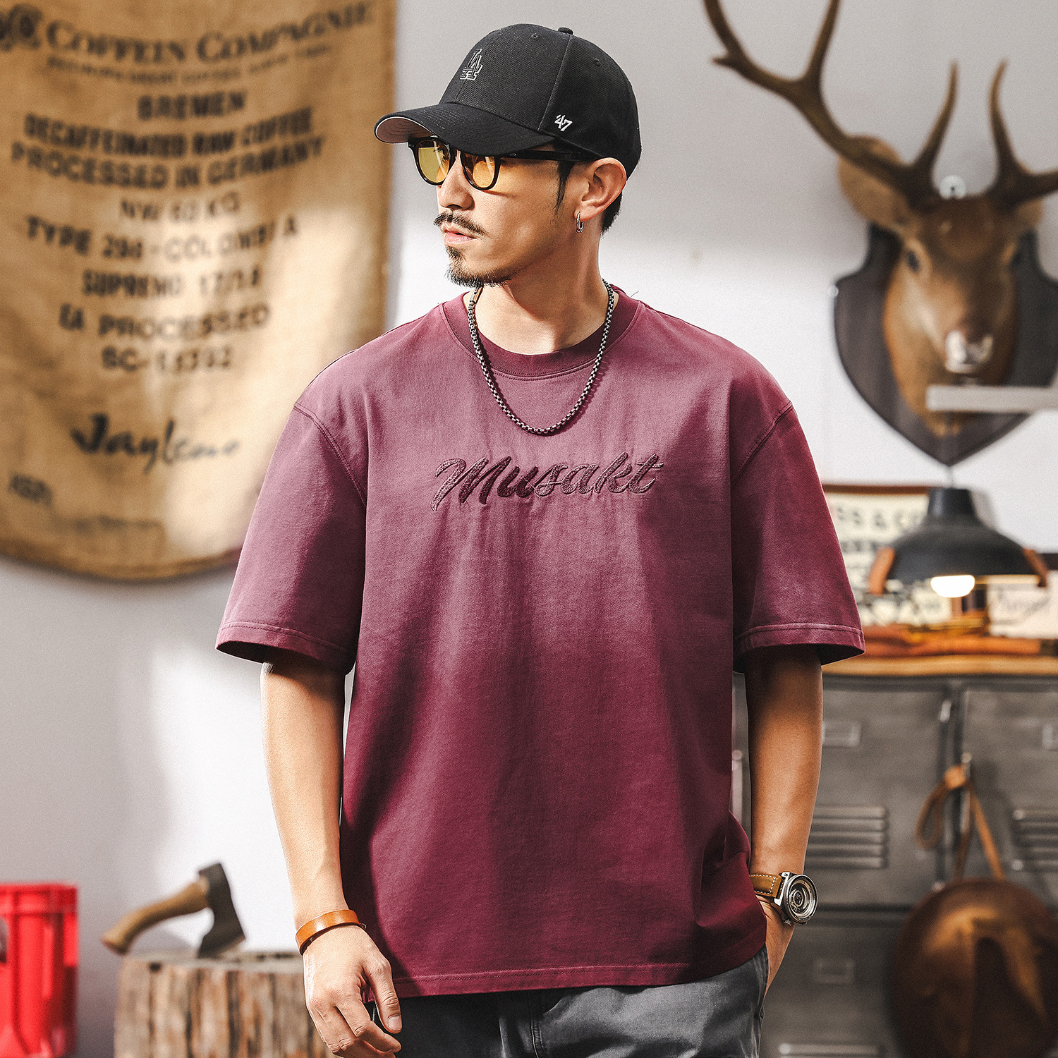 美式復古260g重磅T恤男短袖潮牌漸變水洗夏季寬鬆半袖上衣男