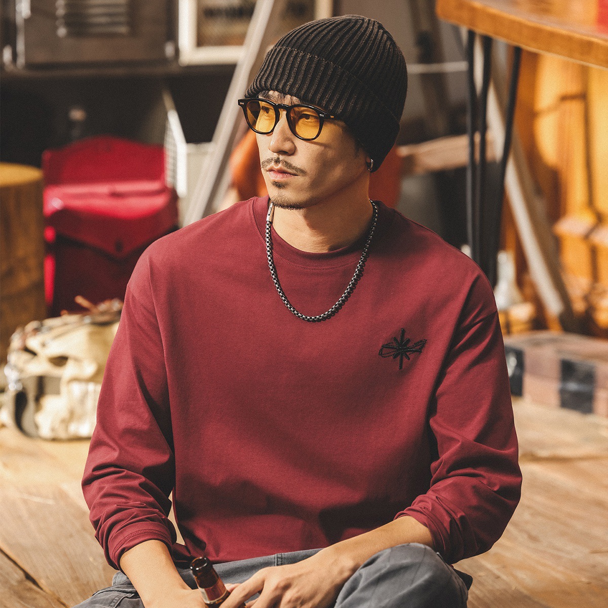 美式復古長袖t恤男秋季2025新款刺繡潮牌寬鬆大碼休閒男士上衣潮T