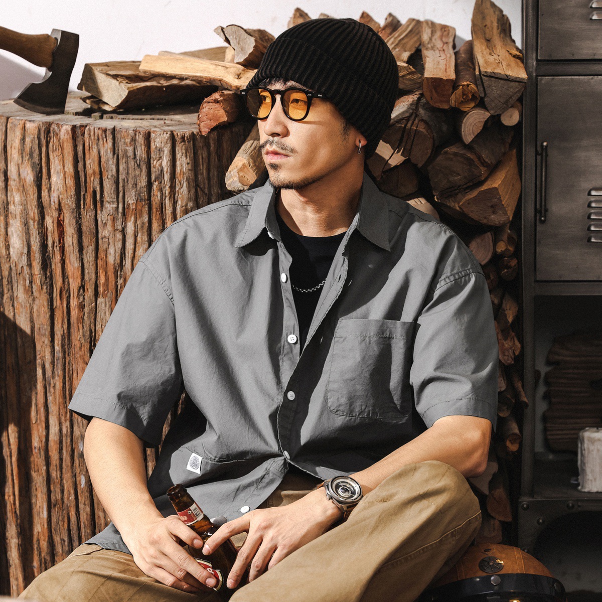 美式復古男士短袖襯衫夏季新款長絨棉寬鬆日系簡約襯衣外套男