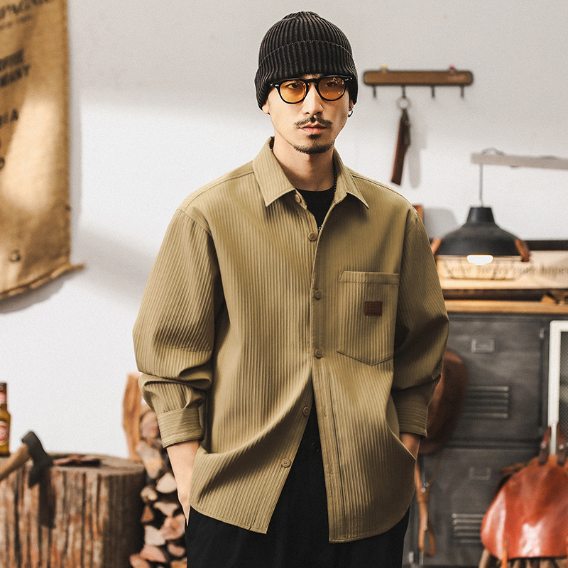 美式復古高級感條紋肌理工裝襯衫男長袖2024新款寬鬆秋季襯衣外套