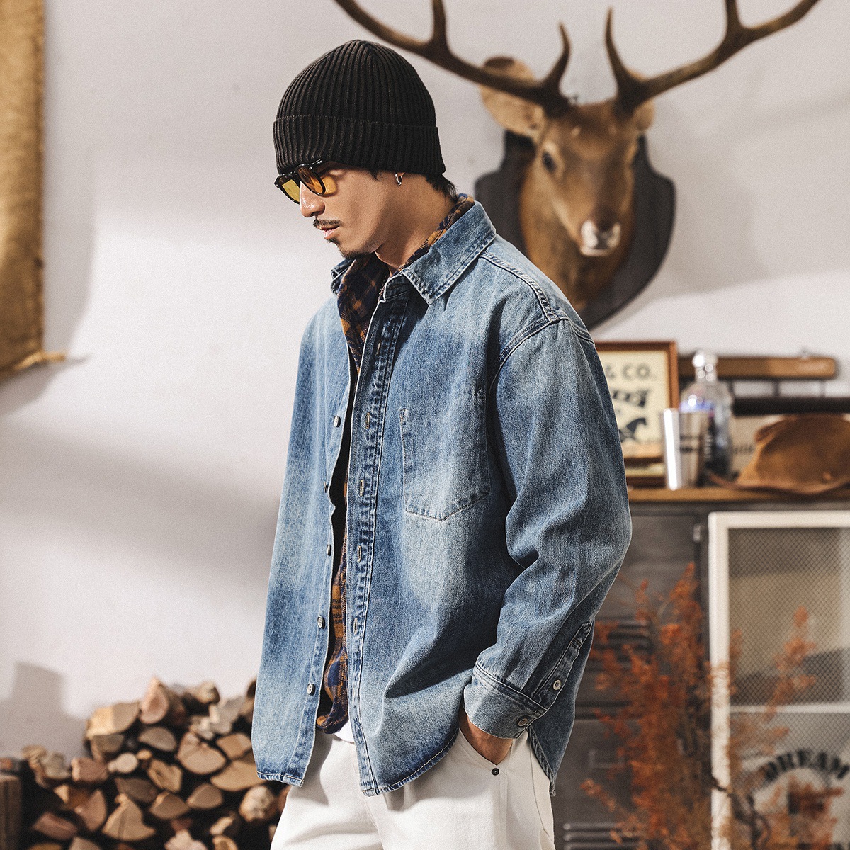 美式復古石磨水洗牛仔外套男春秋款寬鬆潮牌長袖襯衫男士秋季夾克