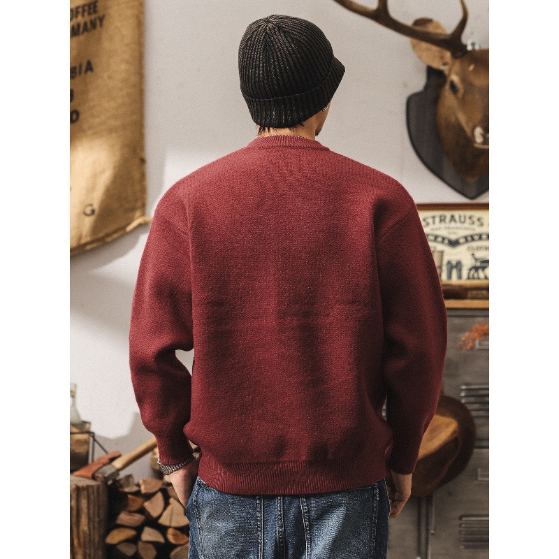 美式復古重磅絨感紅色毛衣男款冬季加厚保暖毛線衣寬鬆男士針織衫