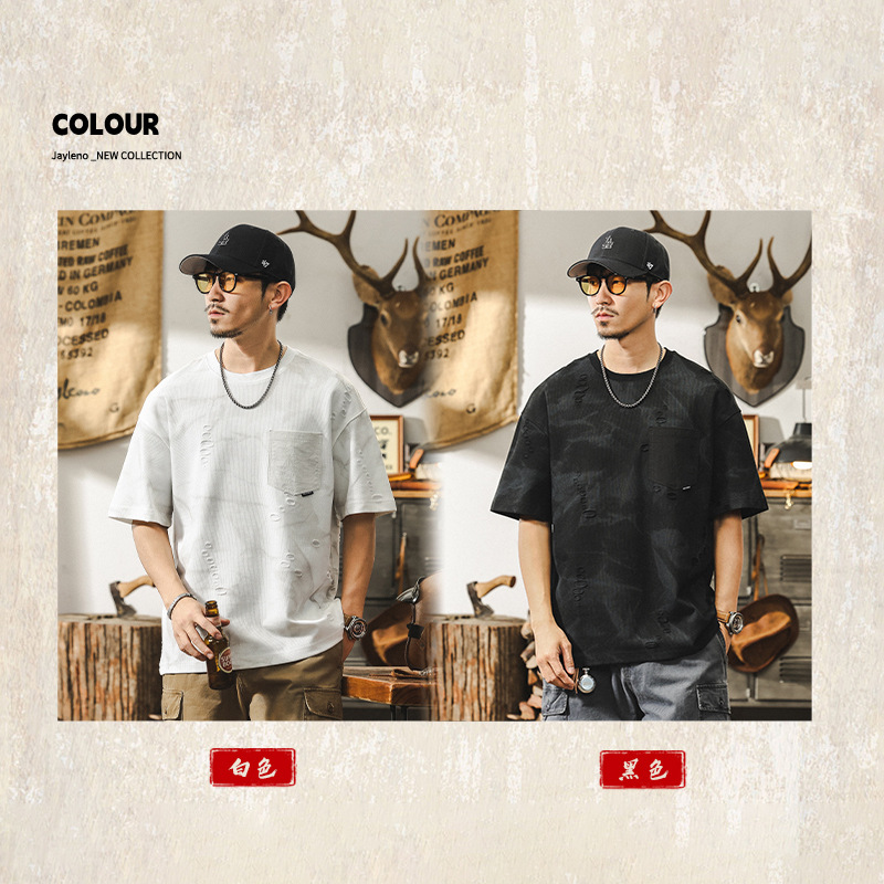 雲染水痕紋理短袖T恤男夏季潮牌破洞寬鬆高級感美式復古男士上衣