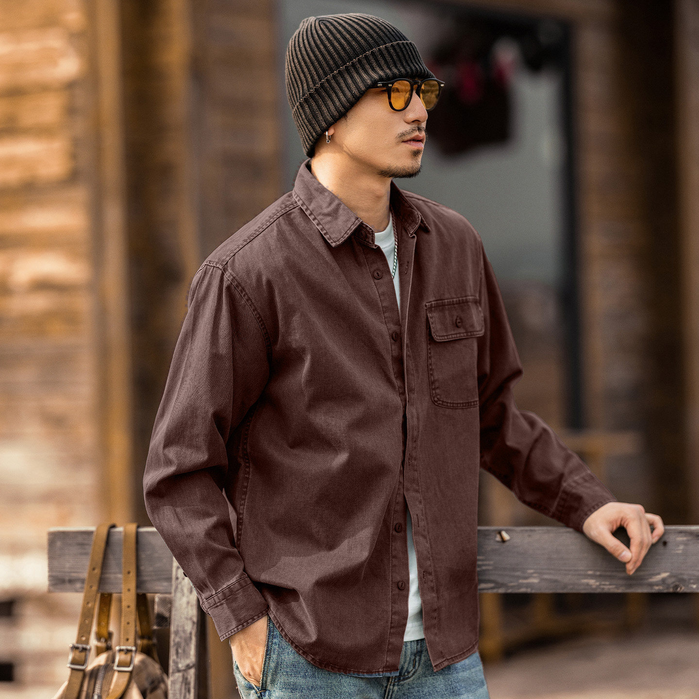 美式復古酵素水洗牛仔襯衫男春季潮牌長袖工裝襯衣寬鬆休閒外套男