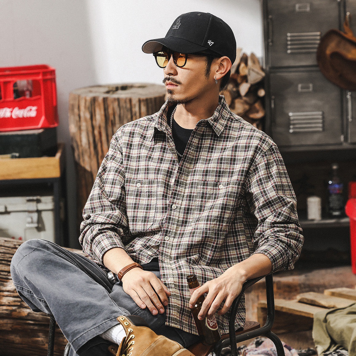 美式復古格子襯衫男長袖春季2025新款日系寬鬆潮流休閒襯衣男上衣