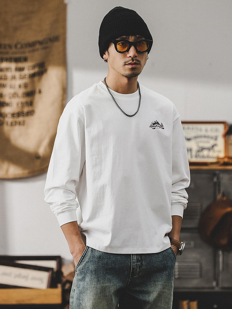 260g重磅双本针男士T恤长袖美式山系印花宽松上衣潮牌衣服男纯棉T