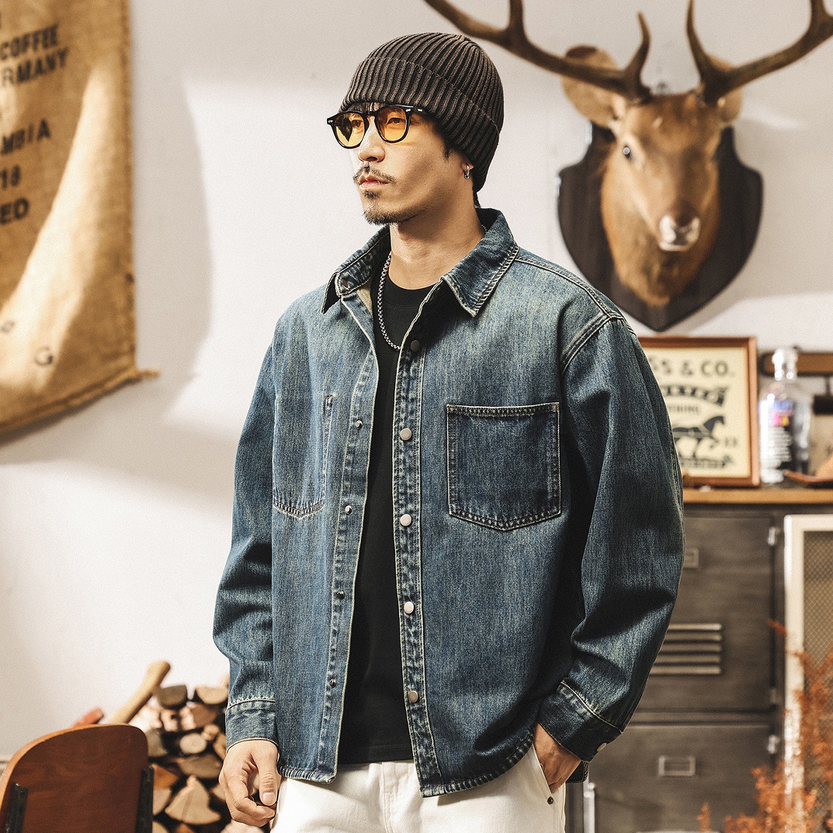 美式復古牛仔襯衫男長袖2025春秋新款寬鬆休閒襯衣秋季潮牌外套男