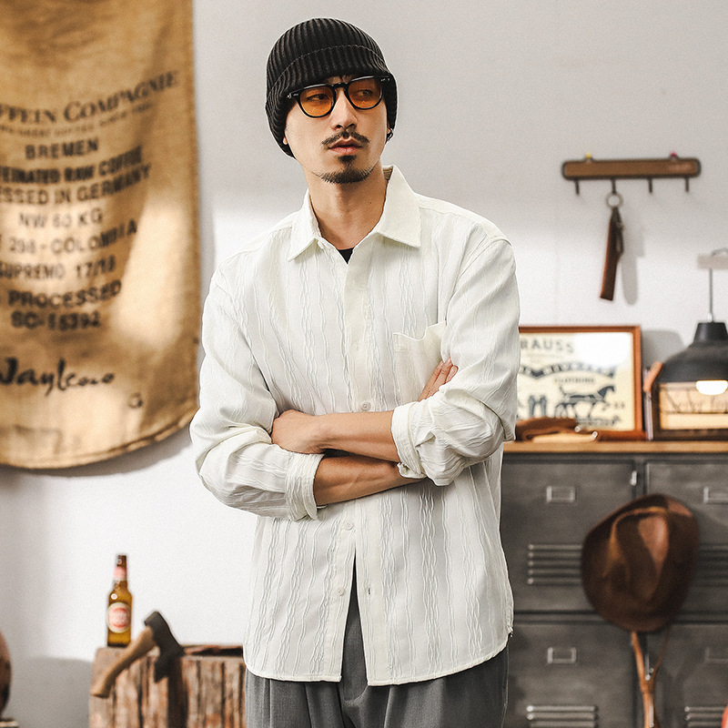 美式高級感休閒襯衫男士長袖秋季2024新款寬鬆潮流白色襯衣外套男
