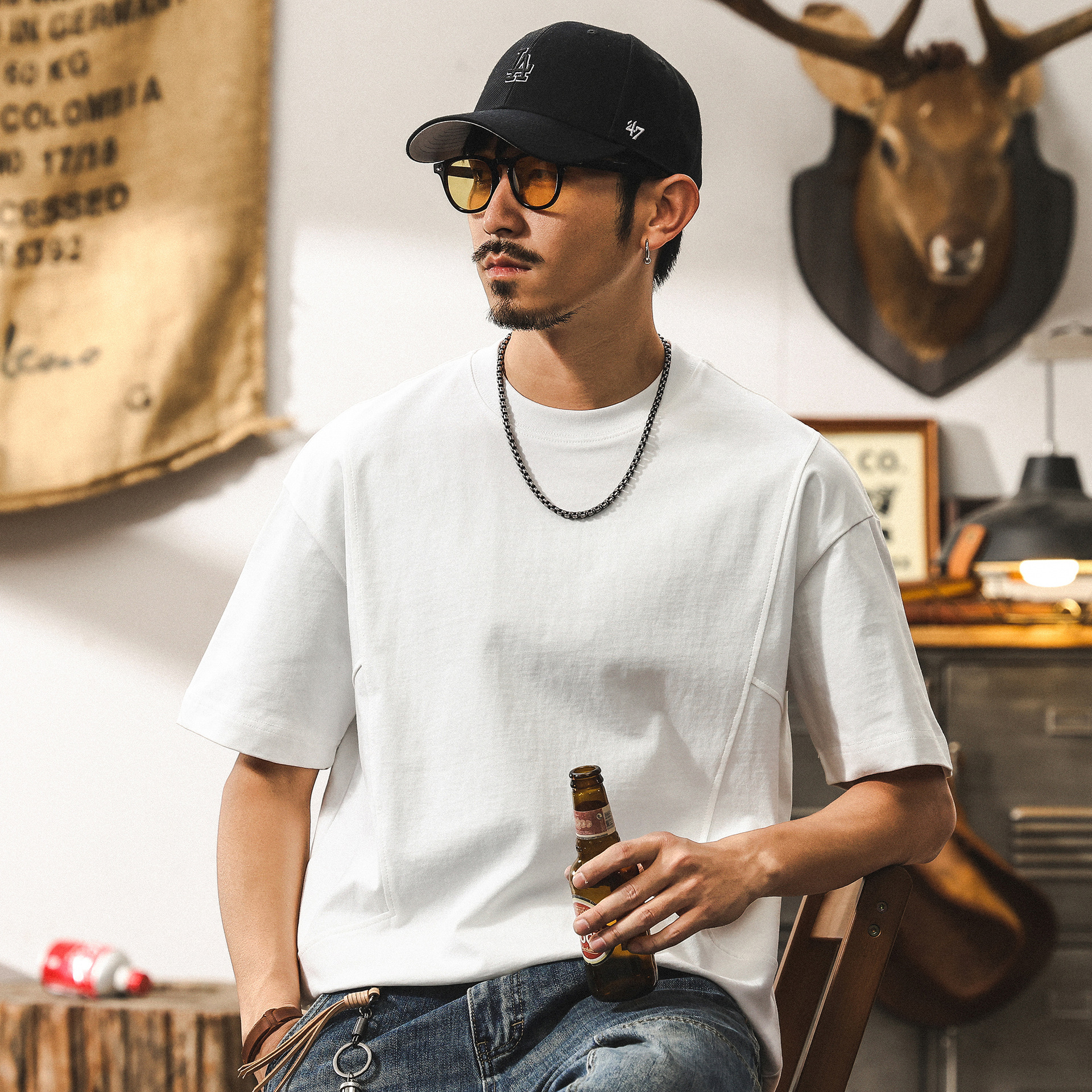 美式復古T恤短袖男款夏季280g重磅潮牌拼接寬鬆大碼上衣男裝