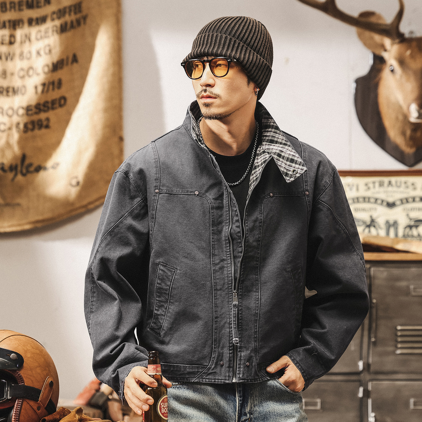 美式復古重磅工裝外套男春秋寬鬆潮牌重工水洗硬漢休閒短款夾克男