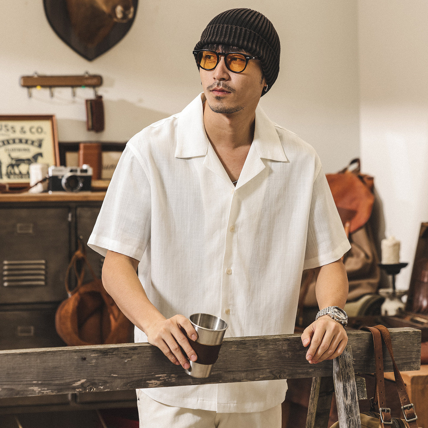 萊賽爾古巴領亞麻短袖襯衫男夏季薄款2026新款美式慵懶老錢風襯衣