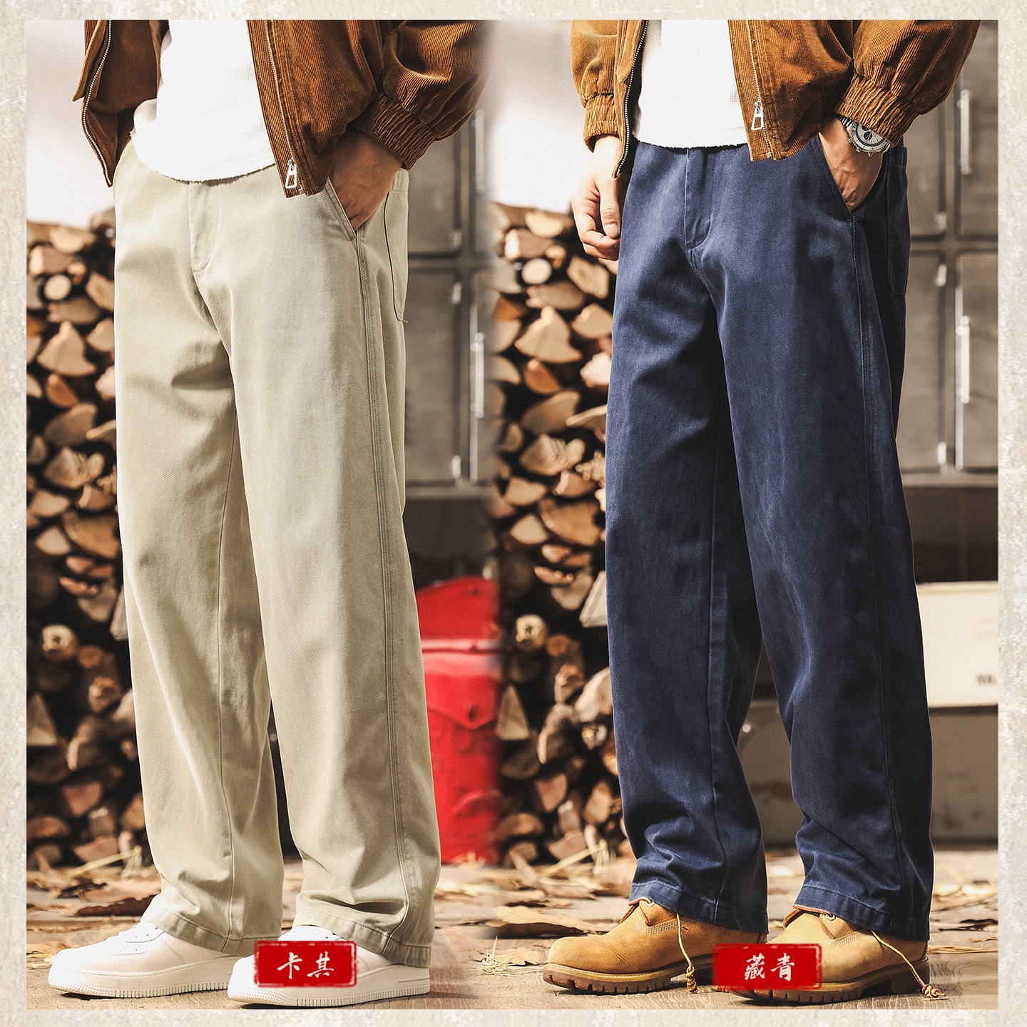 萊賽爾天絲卡其色工裝褲子男秋季新款美式復古潮牌寬鬆男士休閒褲