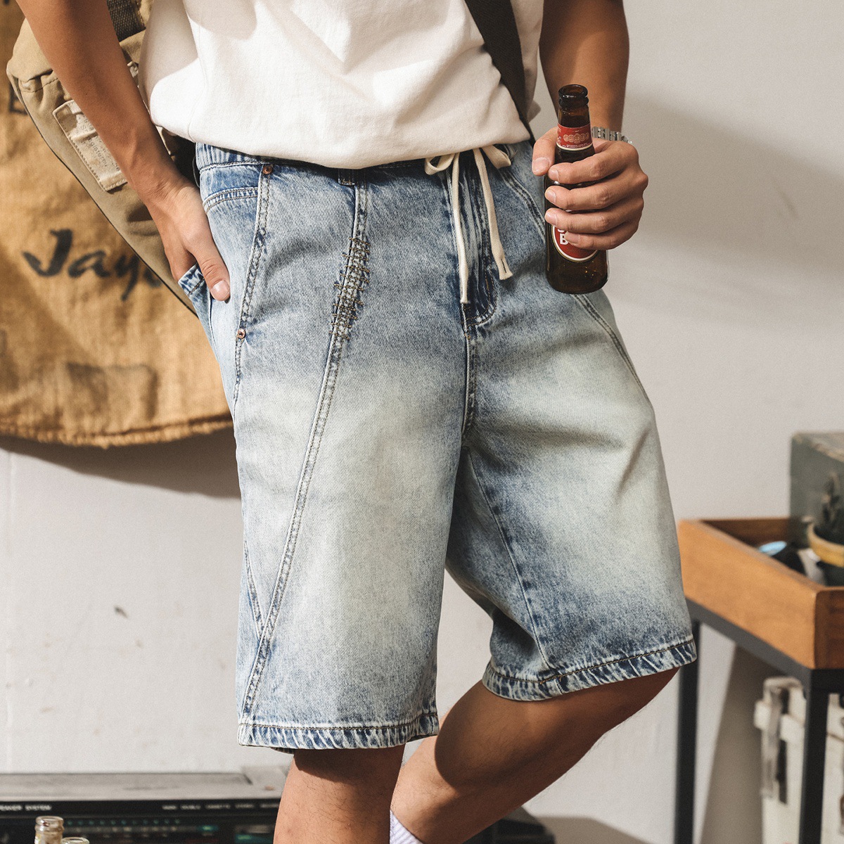 萊賽爾天絲牛仔短褲男潮牌寬鬆直筒五分褲休閒百搭拼接設計感中褲