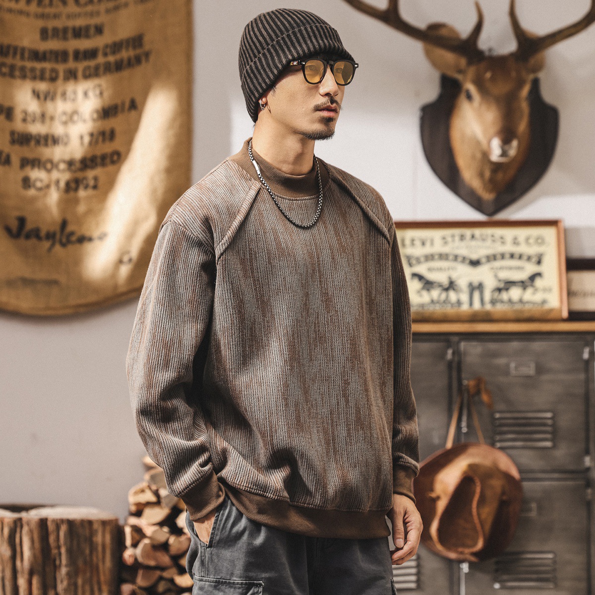 美式重磅圓領衛衣男寬鬆秋冬潮牌定織廢土風復古針織衫外套男秋季