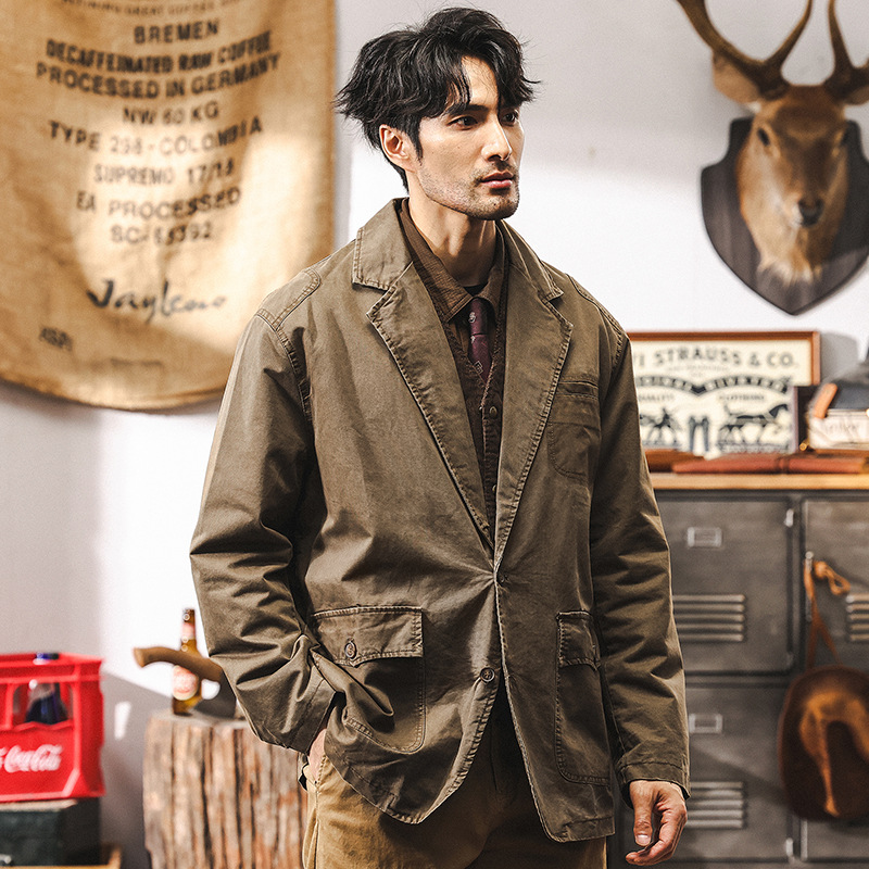 美式復古阿美咔嘰休閒西裝外套男秋冬款潮牌英倫老錢風古著西服男