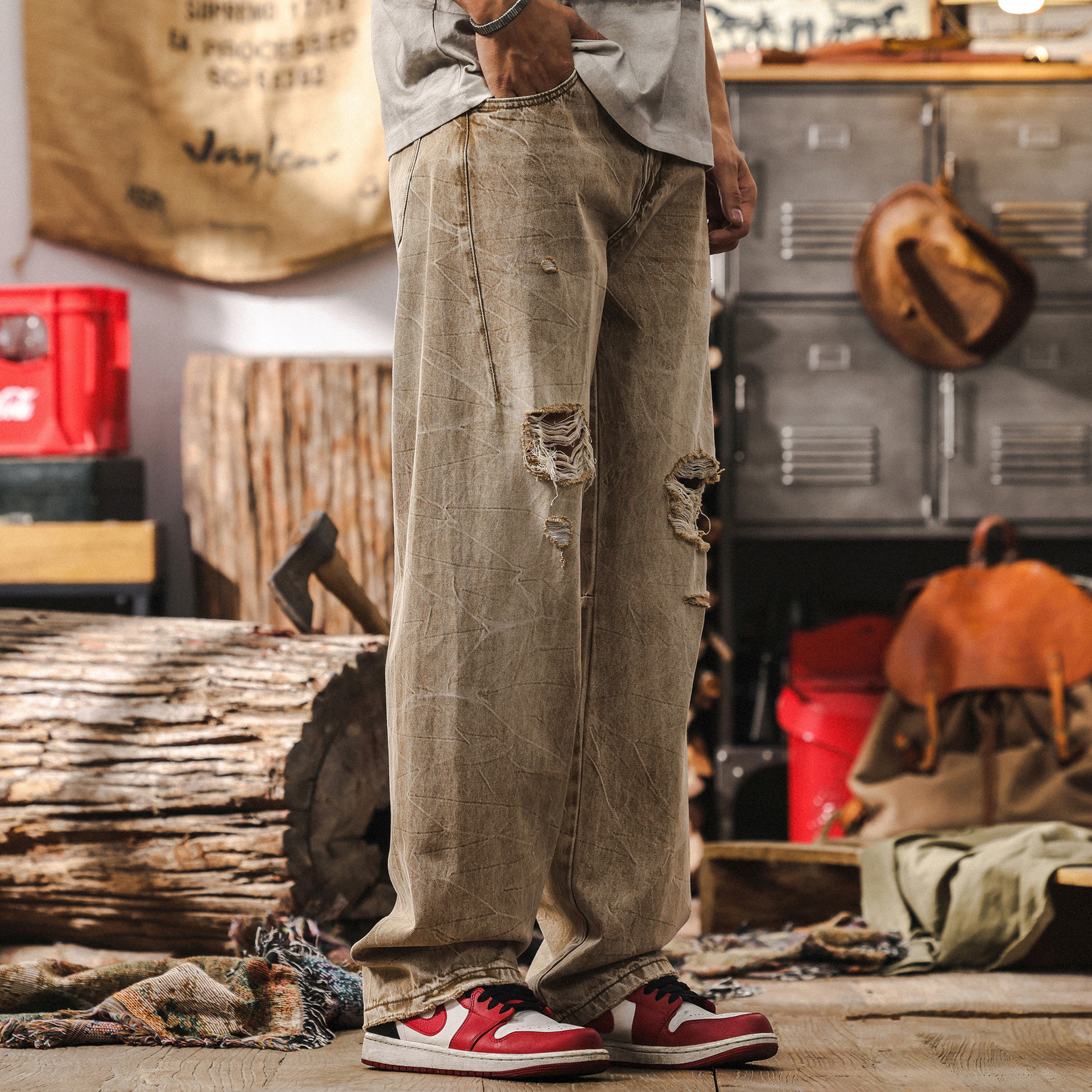 美式復古扎花水洗薄款牛仔褲男春夏季寬鬆直筒潮牌乞丐破洞長褲子