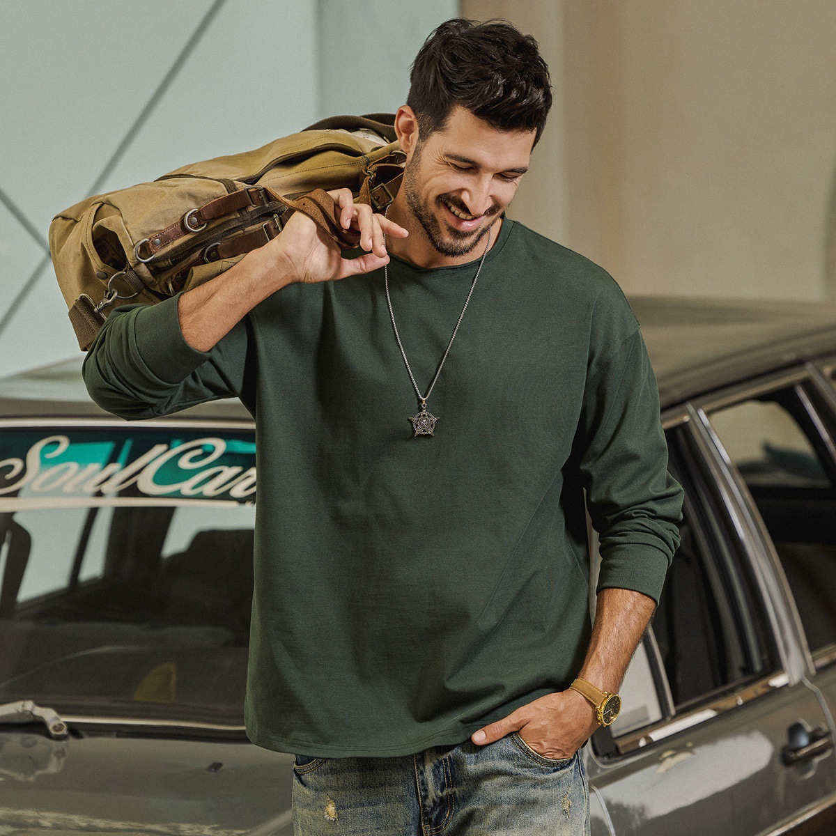 美式復古重磅270g【桃心領】長袖T恤男春季2026新款領打底衫