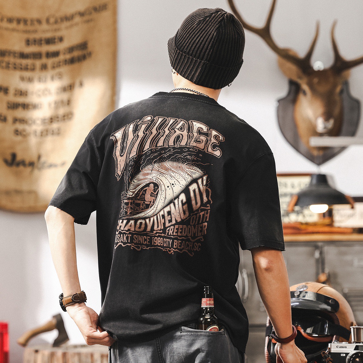 美式復古臟染水洗重磅T恤男夏季2025新款潮牌寬鬆短袖上衣男