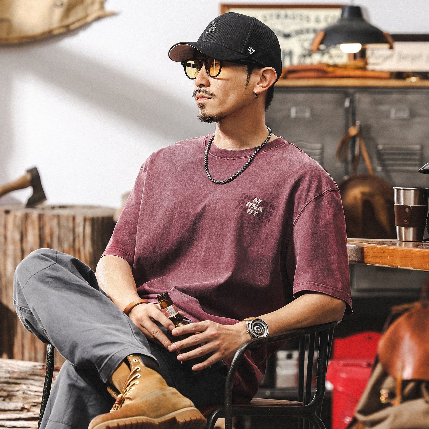 美式復古做舊水洗T恤男夏季2025年新款男士短袖260g重磅體恤