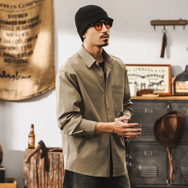 美式復古工裝襯衫男長袖春秋寬鬆硬漢獵裝帥氣休閒襯衣秋季外套男
