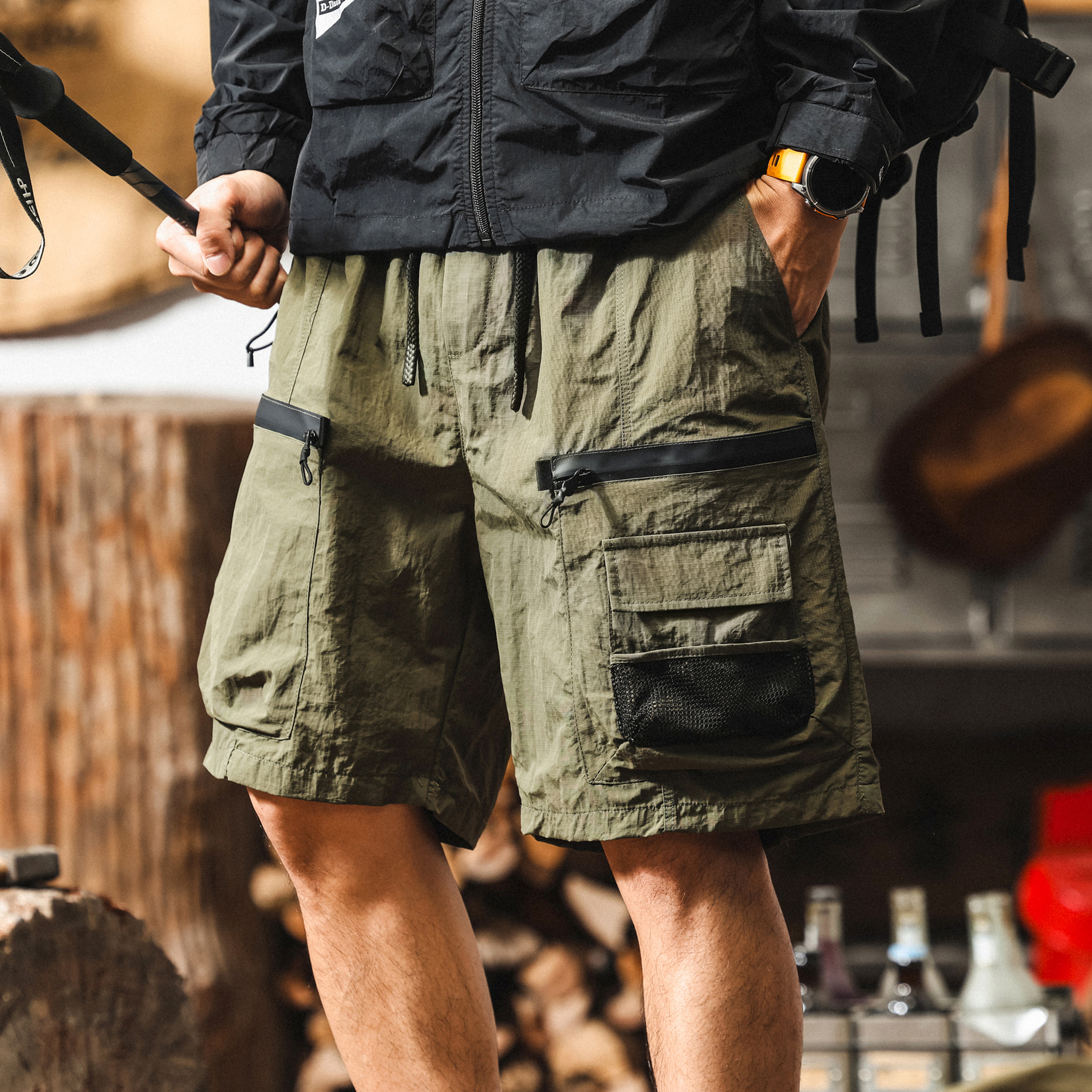 美式戶外防水速幹軍綠色工裝短褲男夏季薄款戰術獵裝寬鬆五分褲男