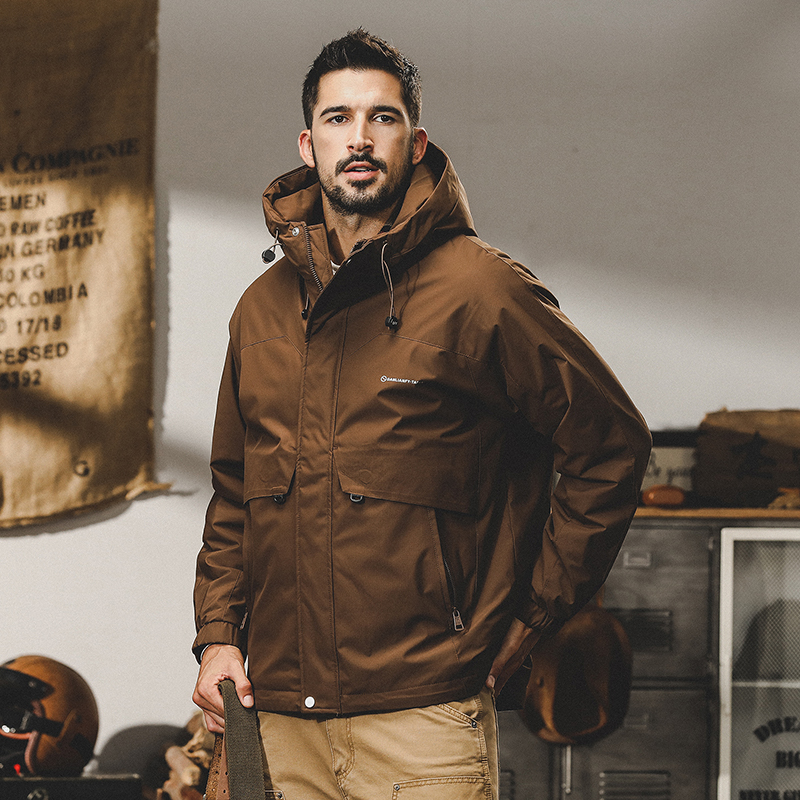 山系連帽衝鋒衣外套男秋冬款城市戶外通勤機能工裝夾克男冬季棉服