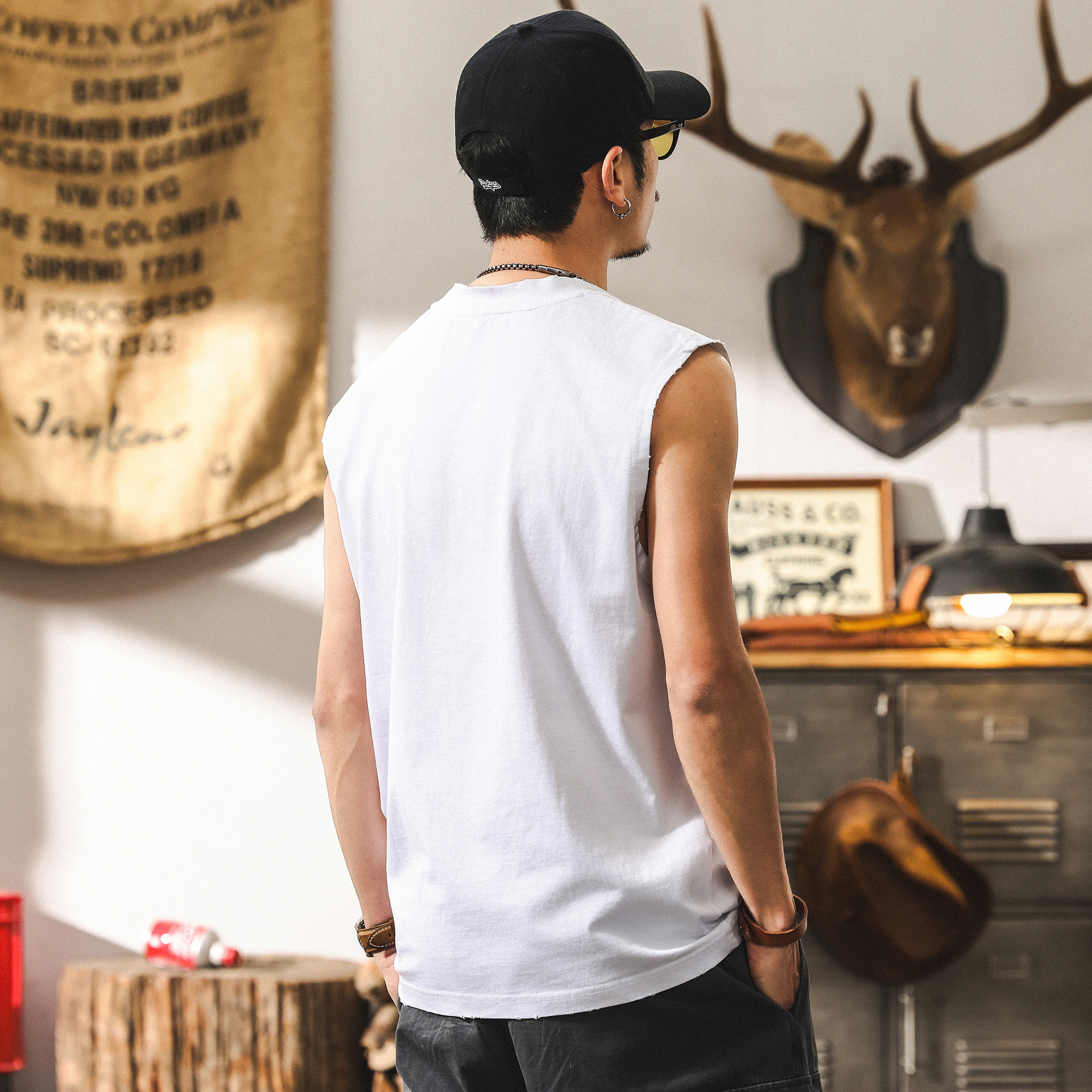 磨毛運動健身坎肩背心男款夏季2025新款潮牌寬鬆大碼男士上衣T恤