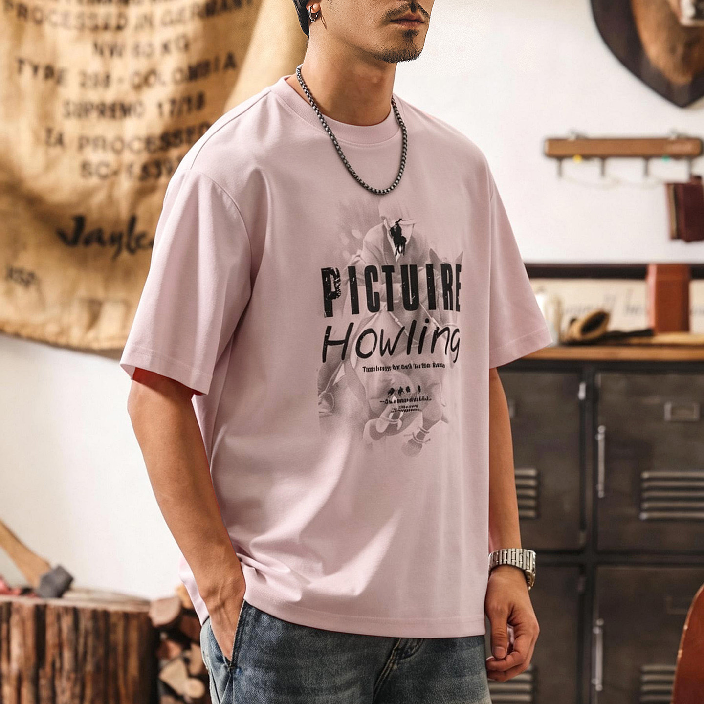 美式復古多巴胺粉色短袖T恤男夏季新款爽滑抗皺寬鬆休閒半袖上衣