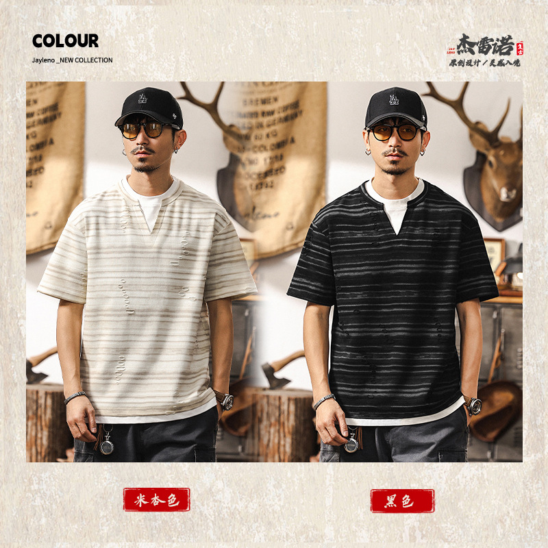 假兩件漸變黑色條紋T恤男短袖夏季2025新款美式復古寬鬆男士上衣
