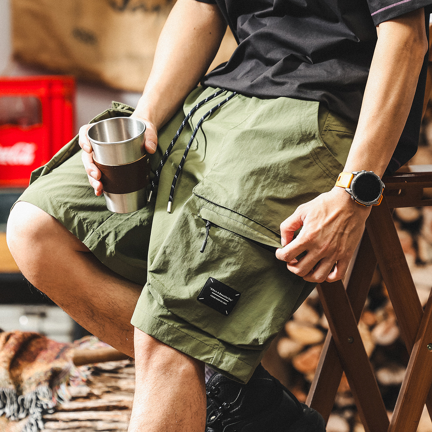 戶外機能速幹運動綠色工裝短褲男夏季薄款寬鬆大碼潮牌休閒五分褲