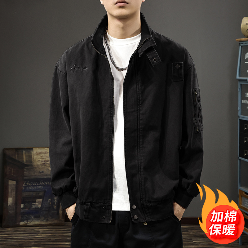 秋冬新款立領加棉工裝夾克男復古刺繡美式休閒獵裝寬鬆外套上衣潮