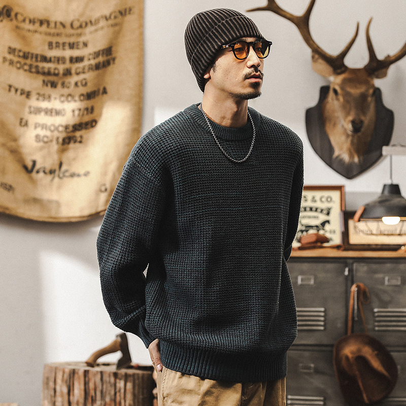 美式復古重磅毛衣男冬季加厚潮牌線衫男日系慵懶風寬鬆休閒針織衫