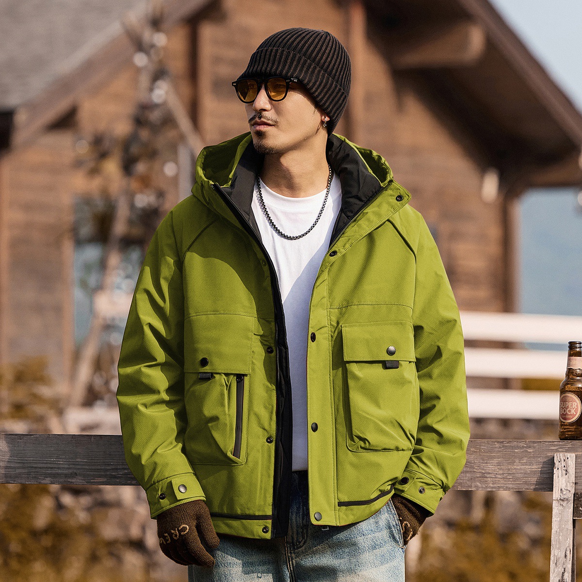 美式復古高蓬鬆工裝羽絨服男冬季連帽戶外防風多口袋機能風外套男