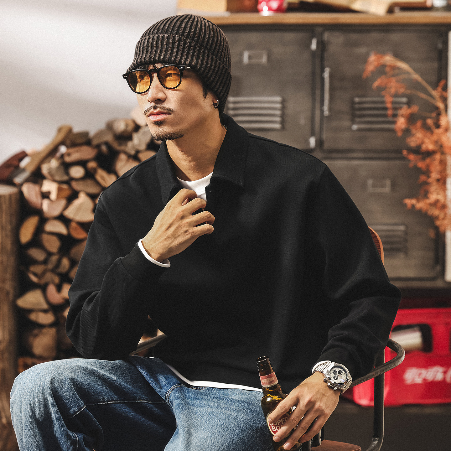 假兩件黑色Polo領重磅衛衣男春秋2025新款美式復古寬鬆休閒上衣男