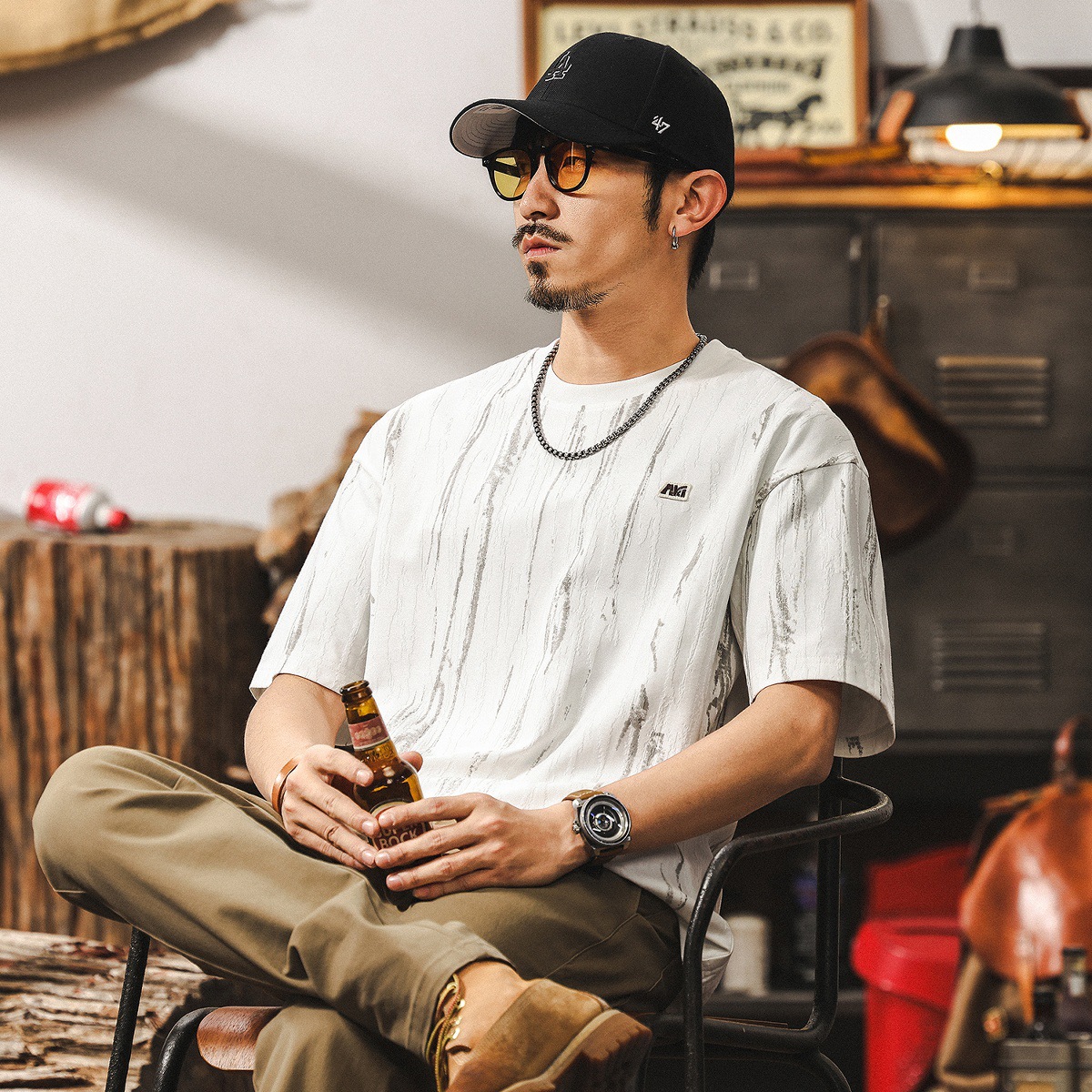 美式復古潮牌提花短袖T恤男夏季2025新款潮流高級感痞帥寬鬆上衣