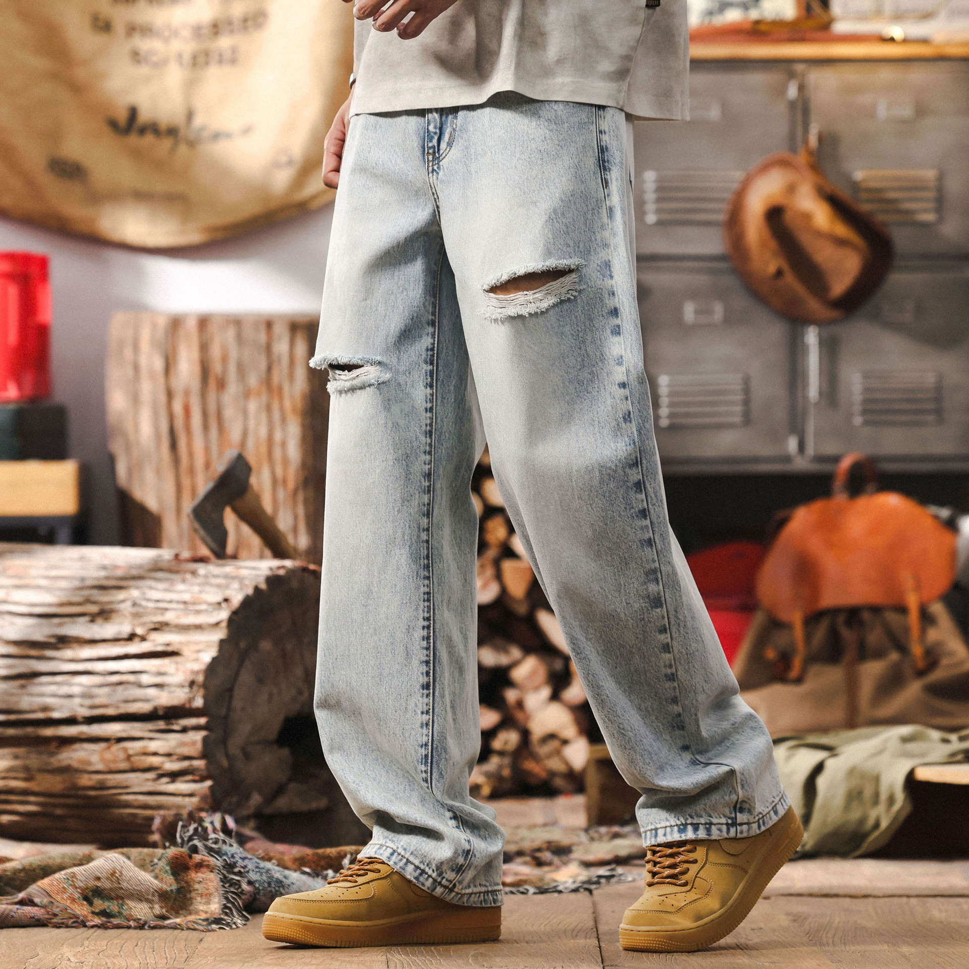 美式復古石青色破洞牛仔褲男春季潮牌寬鬆直筒男士磨白水洗休閒褲